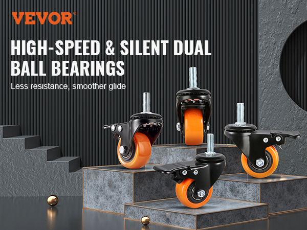 VEVOR caster wheels with high-speed silent dual ball bearings for smoother glide on a dark modern background.