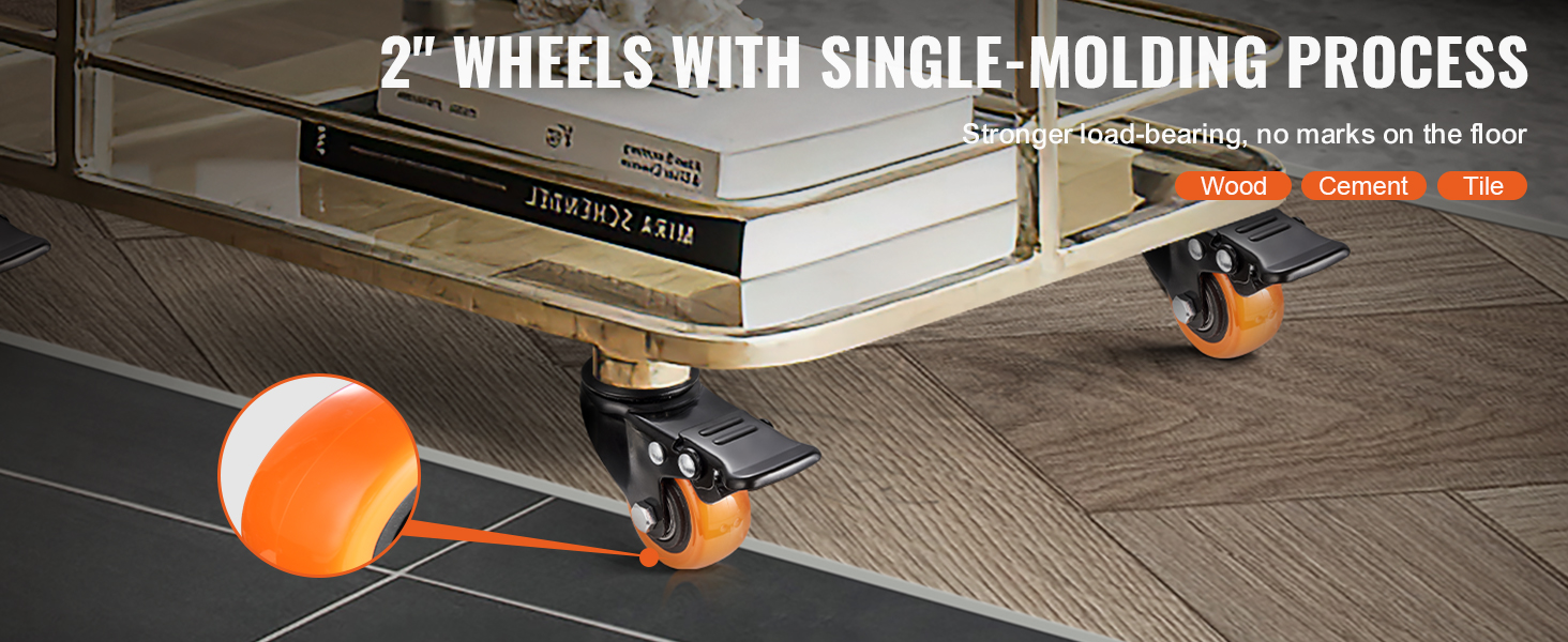 2" VEVOR caster wheels with single-molding process on various floor types.