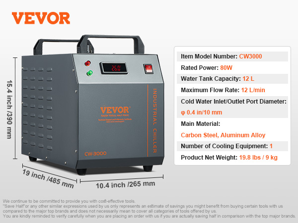 VEVOR industrial water chiller cw3000, 12 l capacity, 80w power, dimensions: 19x10.4x15.4 inches.
