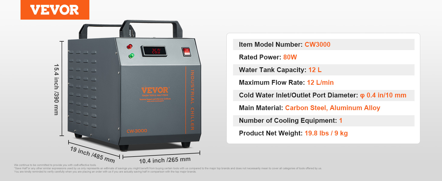 VEVOR industrial water chiller cw3000, 12 l capacity, 80w power, dimensions: 19x10.4x15.4 inches.