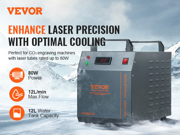 VEVOR industrial water chiller for co2 engraving machines, 80w power, 12l/min max flow, 12l water tank.