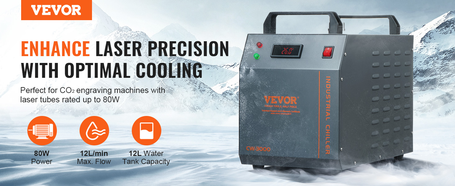 VEVOR industrial water chiller for co2 engraving machines, 80w power, 12l/min max flow, 12l water tank.