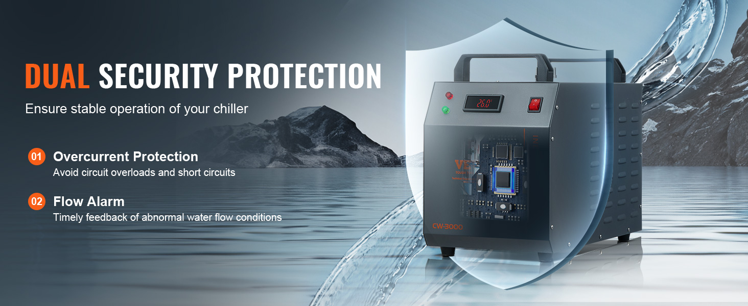 VEVOR industrial water chiller with dual security protection, overcurrent protection, and flow alarm.