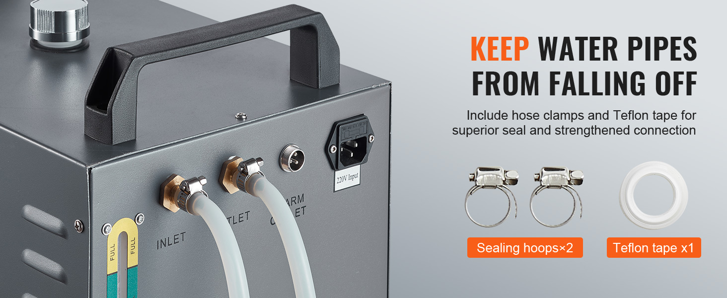 back view of VEVOR industrial water chiller with connectors, sealing hoops, and teflon tape included.