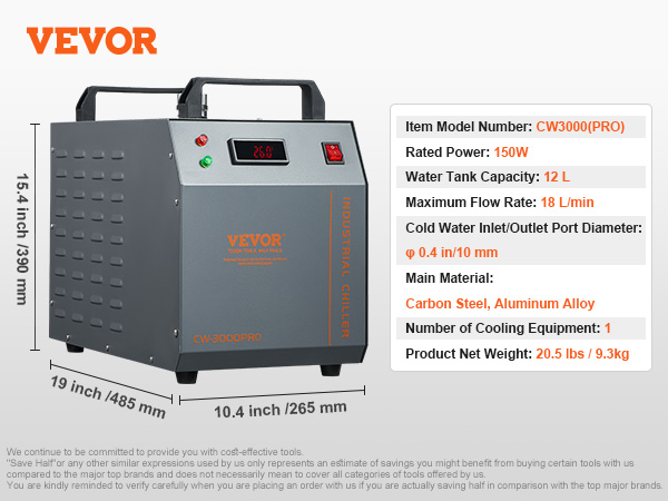 VEVOR industrial water chiller cw3000pro with 12l tank, 150w power, 18 l/min flow rate, carbon steel, aluminum.