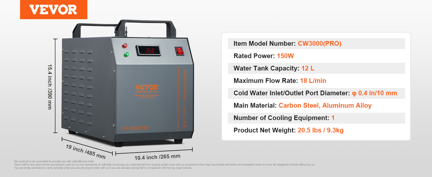 VEVOR industrial water chiller cw3000pro with 12l tank, 150w power, 18 l/min flow rate, carbon steel, aluminum.