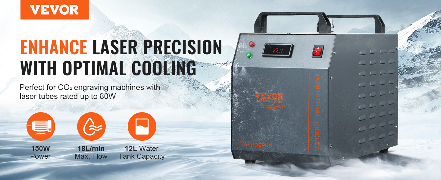 VEVOR industrial water chiller for 80w co2 laser machines, 150w power, 18l/min flow, 12l tank capacity.