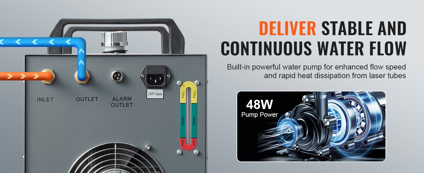 VEVOR industrial water chiller showcasing inlet and outlet with 48w pump power for stable water flow.