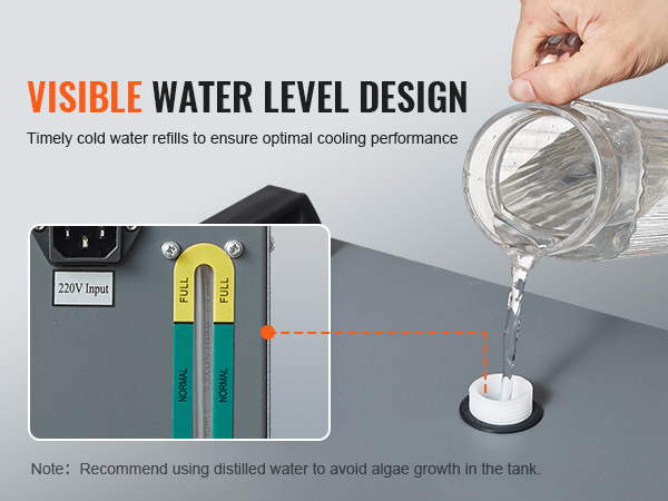 visible water level design for VEVOR industrial water chiller, highlighting cold water refills and 220v input.