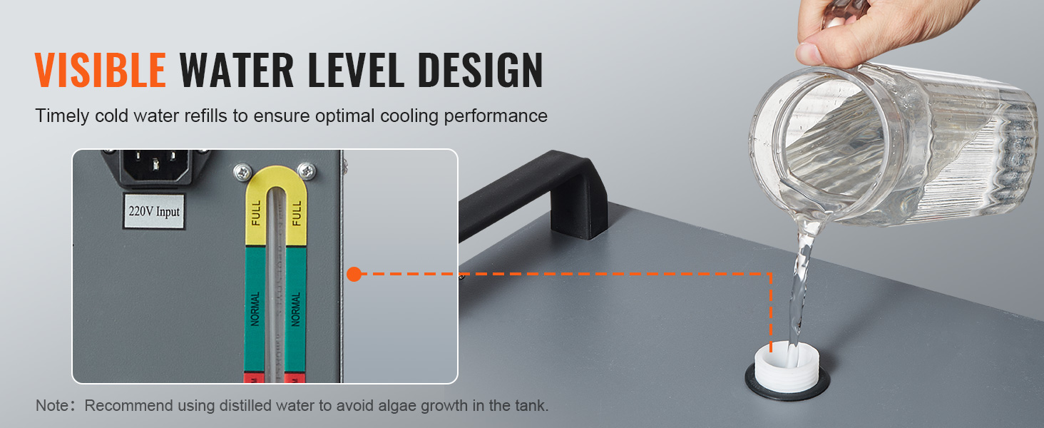 visible water level design for VEVOR industrial water chiller, highlighting cold water refills and 220v input.