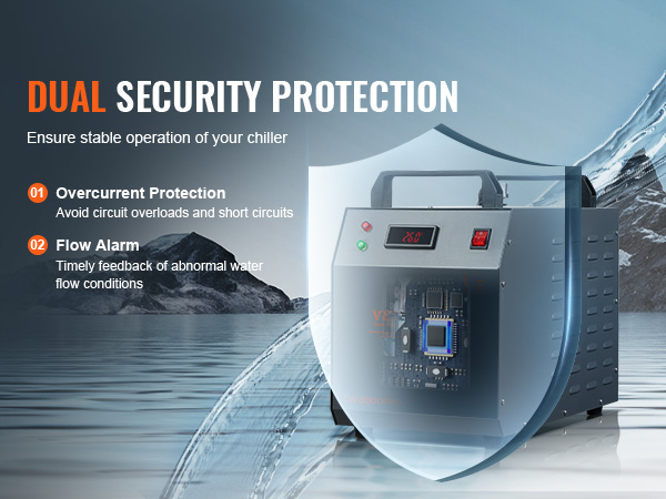 VEVOR industrial water chiller with dual security protection, featuring overcurrent protection and flow alarm.