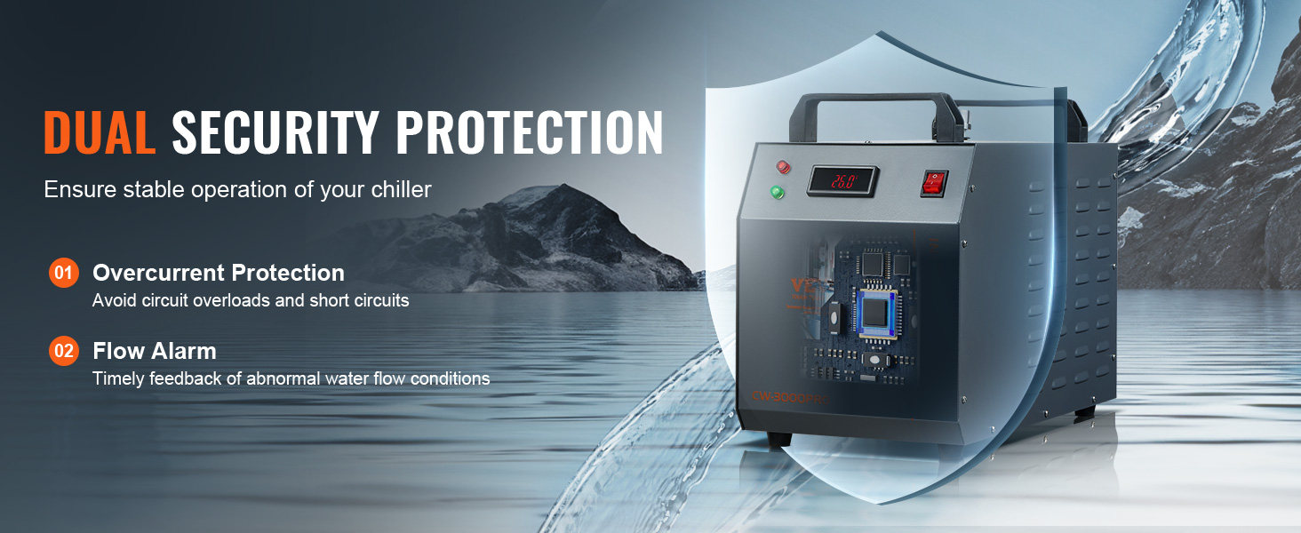 VEVOR industrial water chiller with dual security protection, featuring overcurrent protection and flow alarm.
