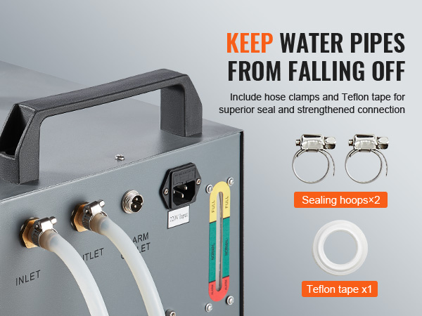 VEVOR industrial water chiller with hose clamps, teflon tape, and inlet/outlet connections.