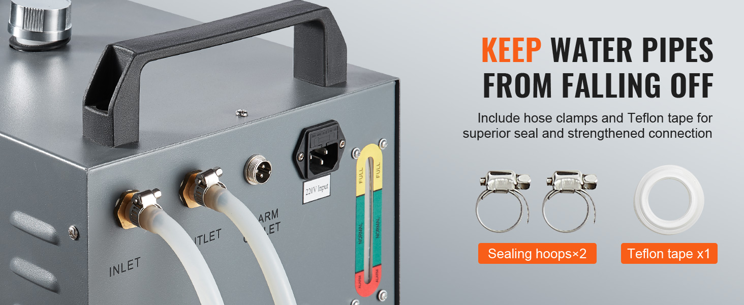 VEVOR industrial water chiller with hose clamps, teflon tape, and inlet/outlet connections.