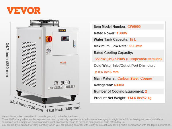 VEVOR industrial water chiller cw6000, 1500w, 15l tank, 65 l/min flow, 114.6 lbs, r410a refrigerant.
