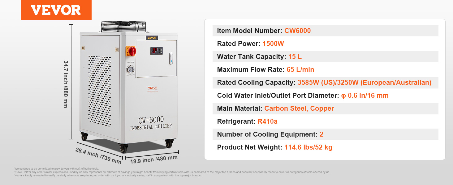 VEVOR industrial water chiller cw6000, 1500w, 15l tank, 65 l/min flow, 114.6 lbs, r410a refrigerant.