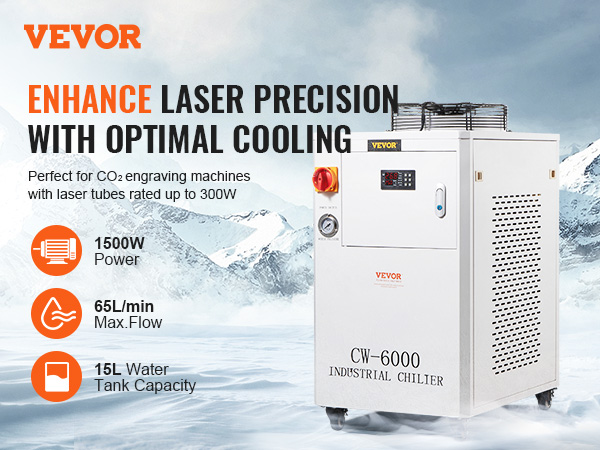 VEVOR industrial water chiller for co2 engraving machines, 1500w power, 15l tank, 65l/min max flow.