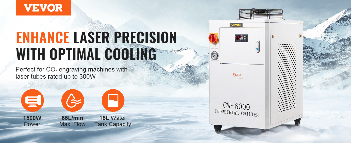 VEVOR industrial water chiller for co2 engraving machines, 1500w power, 15l tank, 65l/min max flow.