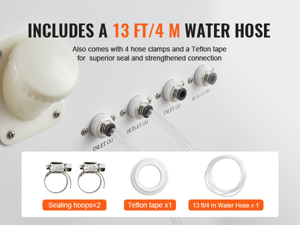 13 ft/4 m water hose for VEVOR industrial water chiller, plus sealing hoops, teflon tape for secure connection.