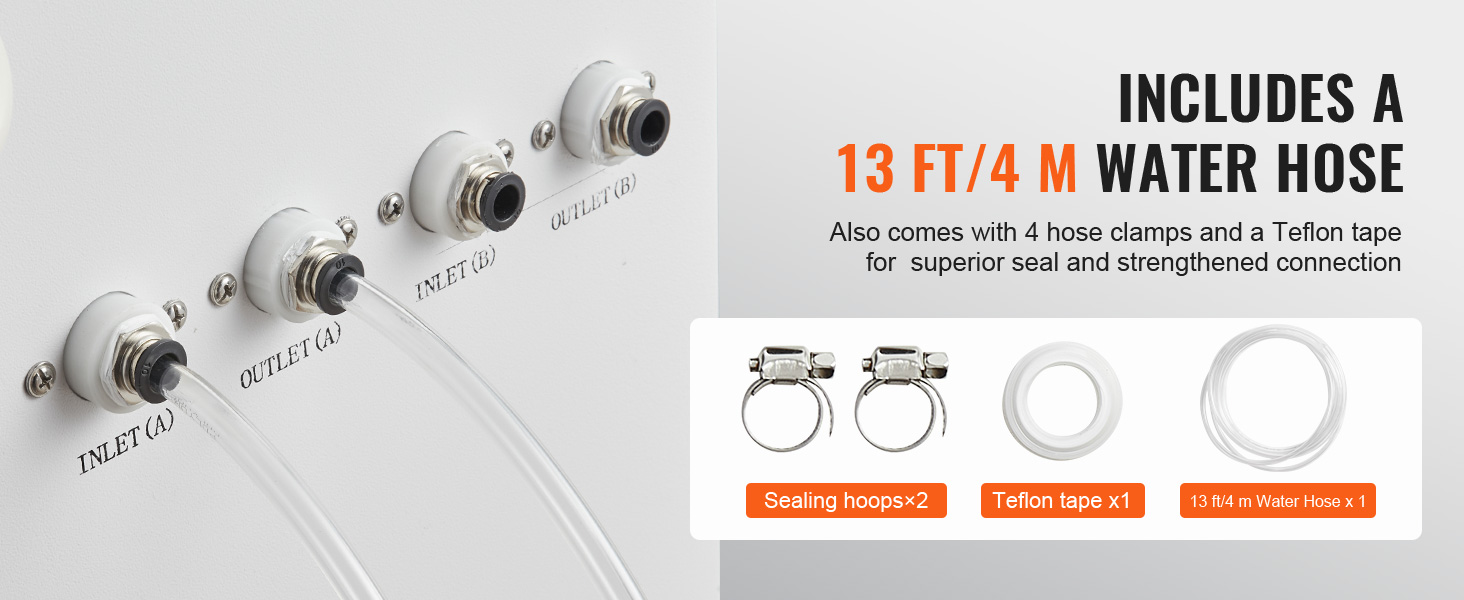13 ft/4 m water hose for VEVOR industrial water chiller, plus sealing hoops, teflon tape for secure connection.