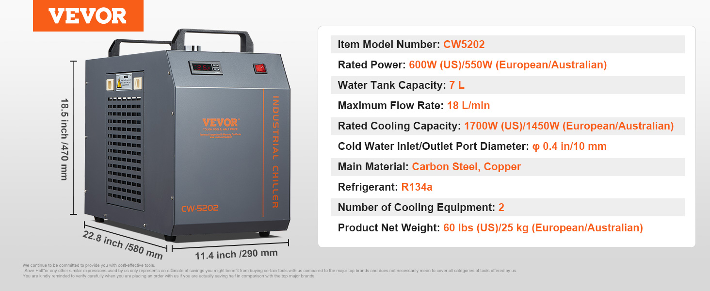 VEVOR industrial water chiller cw5202 specification chart with dimensions and features.