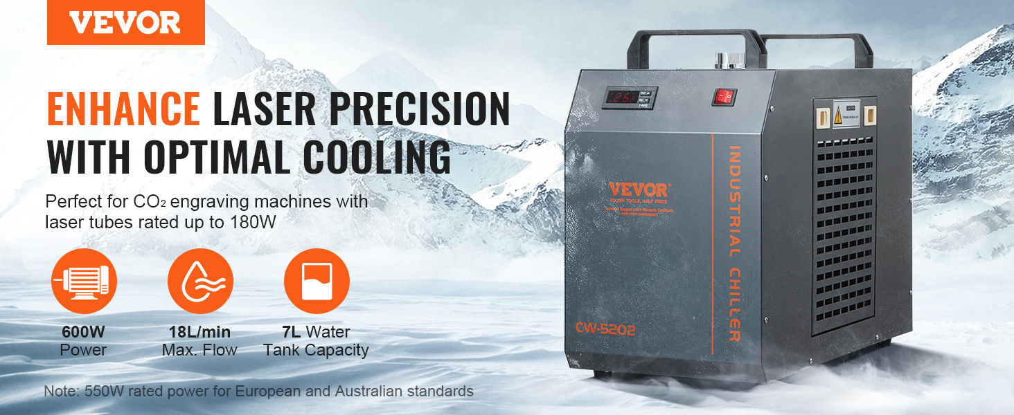 VEVOR industrial water chiller for co2 engraving machines, 600w power, 7l tank capacity, 18l/min flow.