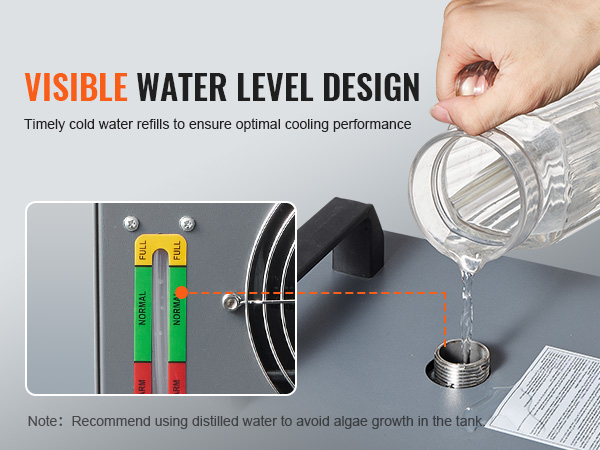 visible water level design of VEVOR industrial water chiller, hand pouring water into the tank.