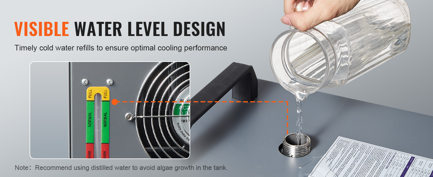 visible water level design of VEVOR industrial water chiller, hand pouring water into the tank.