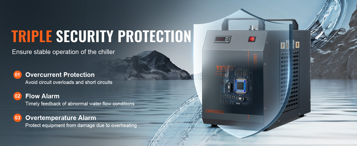 VEVOR industrial water chiller with triple security protection: overcurrent protection, flow alarm, overtemperature alarm.
