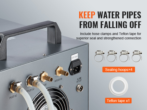 VEVOR industrial water chiller with hose clamps and teflon tape for secure water pipe connections.
