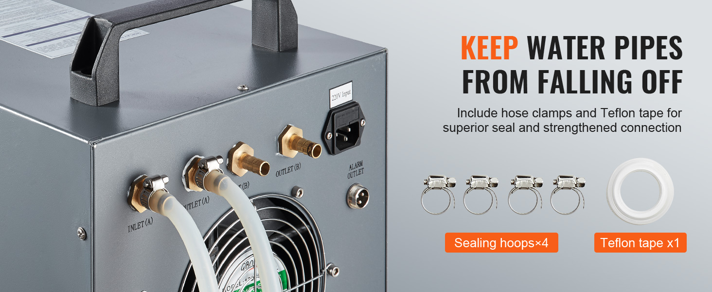 VEVOR industrial water chiller with hose clamps and teflon tape for secure water pipe connections.
