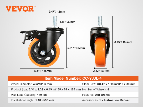 VEVOR caster wheels, model cc-yjl-4, detailed dimensions, 440 lbs load capacity, and brake features.