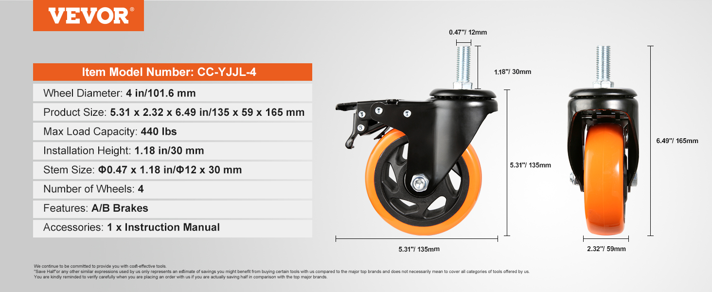 VEVOR caster wheels, model cc-yjl-4, detailed dimensions, 440 lbs load capacity, and brake features.