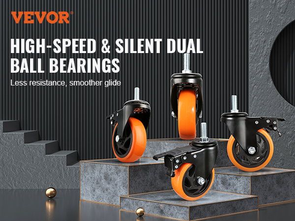 VEVOR caster wheels on staggered steps highlighting high-speed silent dual ball bearings with orange tires.