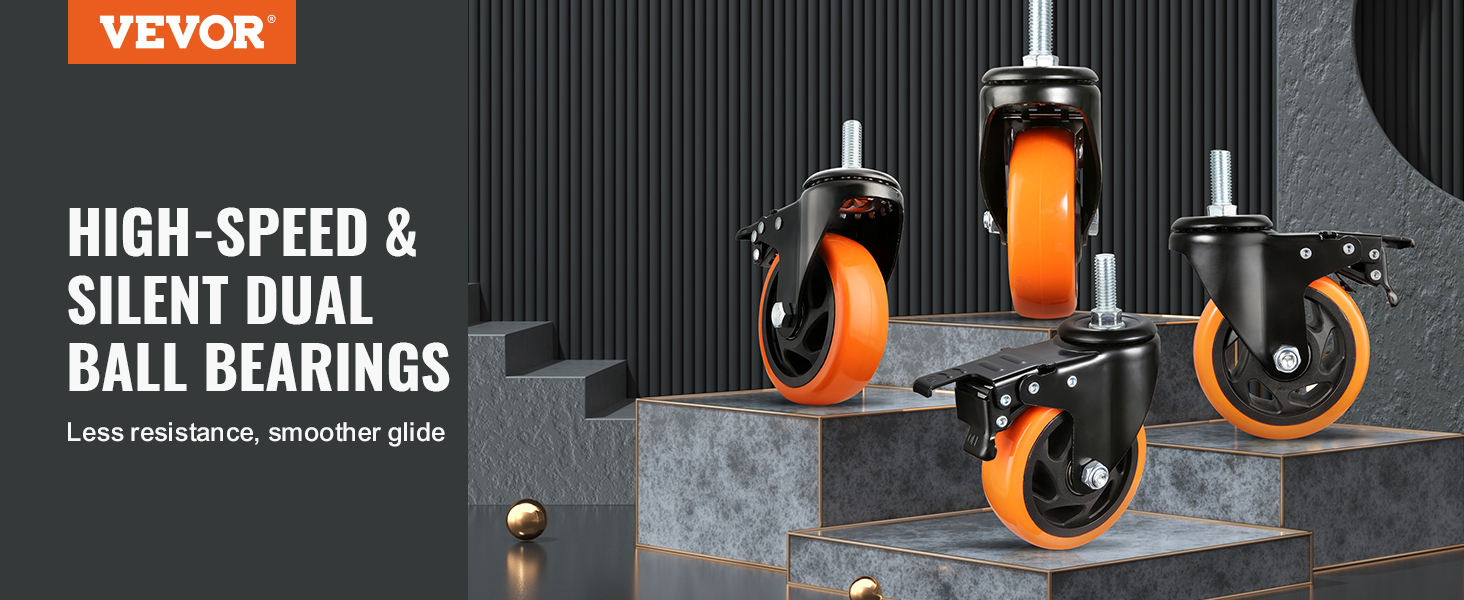 VEVOR caster wheels on staggered steps highlighting high-speed silent dual ball bearings with orange tires.