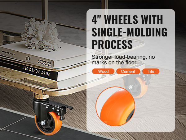 VEVOR caster wheels on a cart, showcasing 4-inch orange wheels designed for wood, cement, and tile floors.