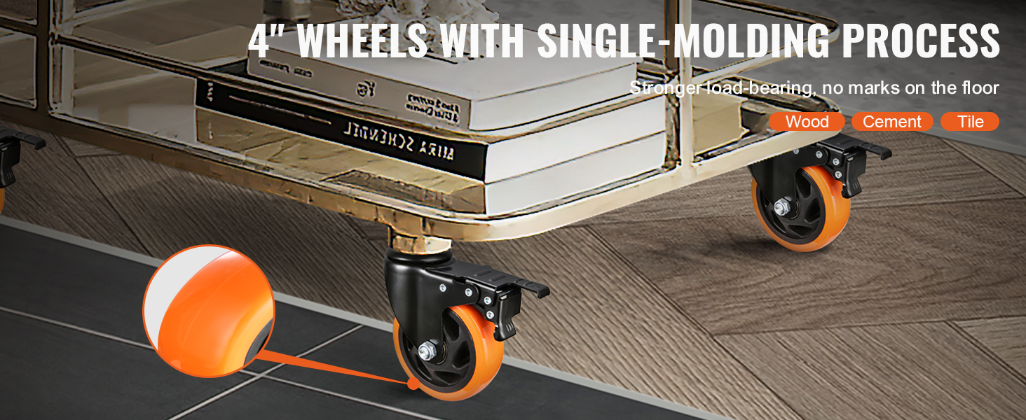 VEVOR caster wheels on a cart, showcasing 4-inch orange wheels designed for wood, cement, and tile floors.