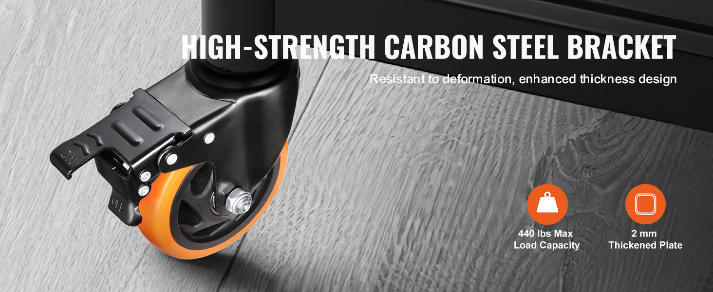 VEVOR caster wheels with high-strength carbon steel bracket, 440 lbs max load, 2mm thickened plate.