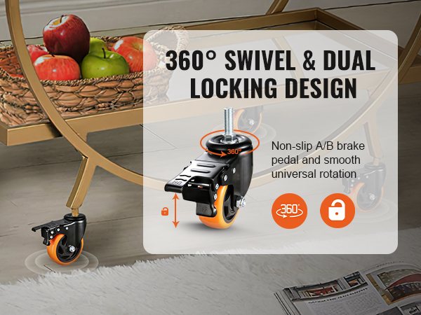 golden cart with apples and VEVOR caster wheels showcasing 360° swivel and dual locking design features.