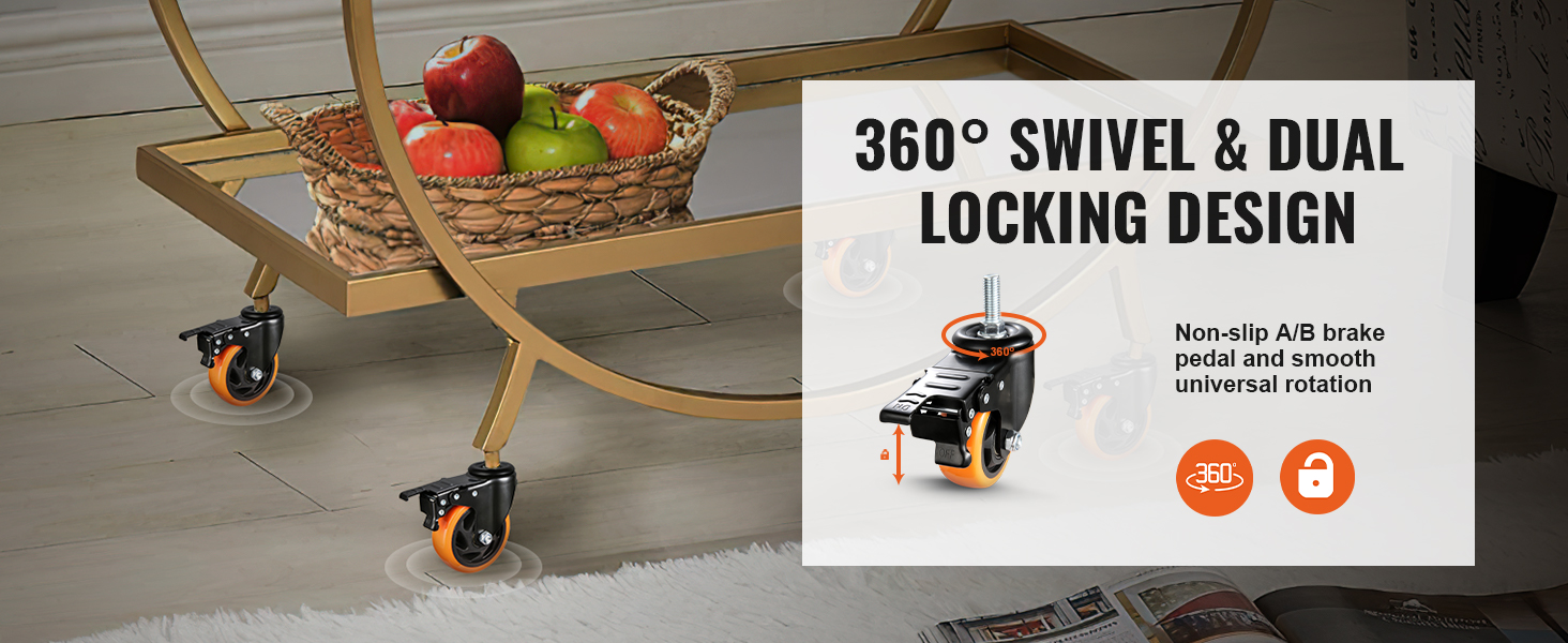 golden cart with apples and VEVOR caster wheels showcasing 360° swivel and dual locking design features.