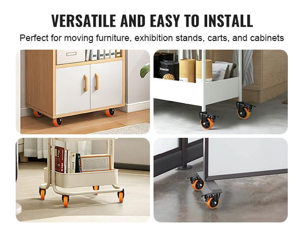 furniture and carts with orange VEVOR caster wheels, perfect for easy mobility in various settings.