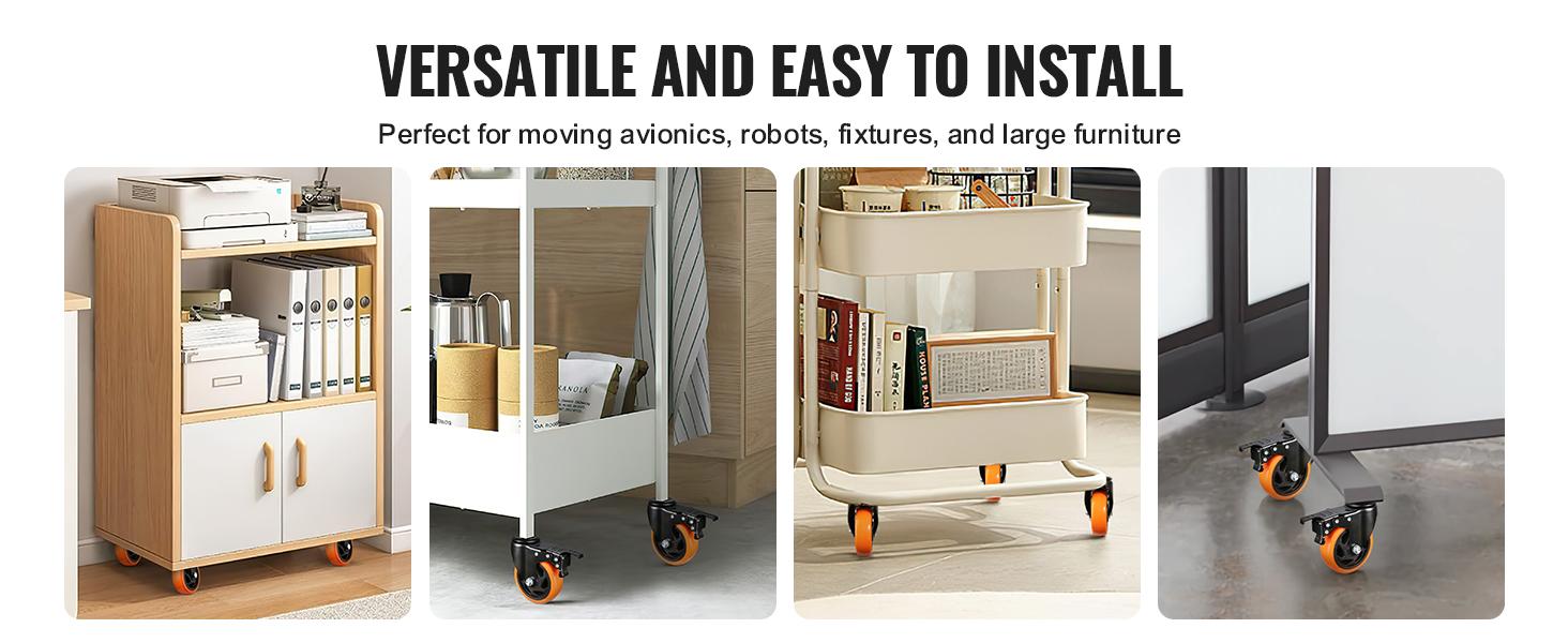 furniture and carts with orange VEVOR caster wheels, perfect for easy mobility in various settings.