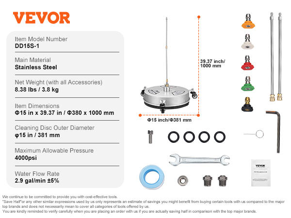 VEVOR pressure washer surface cleaner with stainless steel, 15" diameter, accessories, and nozzles.