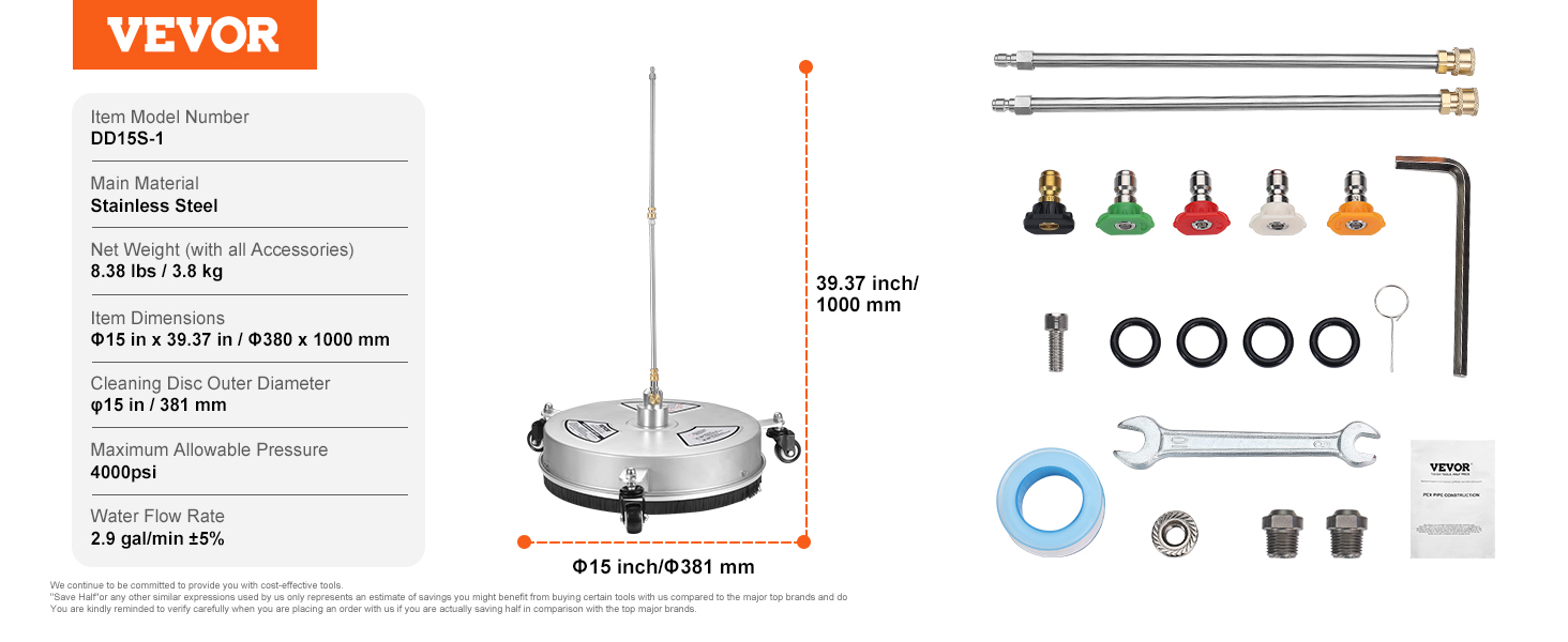 VEVOR pressure washer surface cleaner with stainless steel, 15" diameter, accessories, and nozzles.