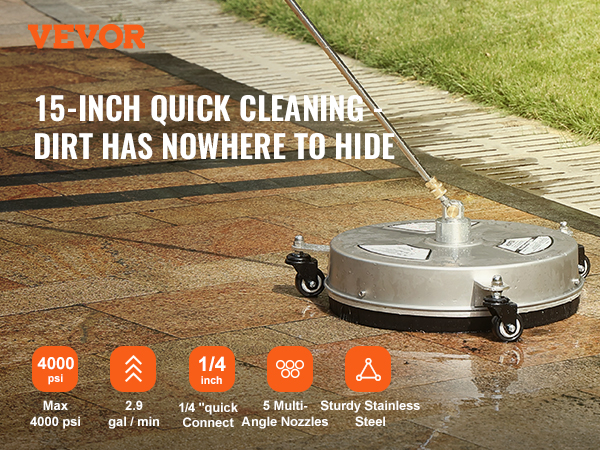 VEVOR pressure washer surface cleaner on wet patio, 15-inch, max 4000 psi, sturdy stainless steel.