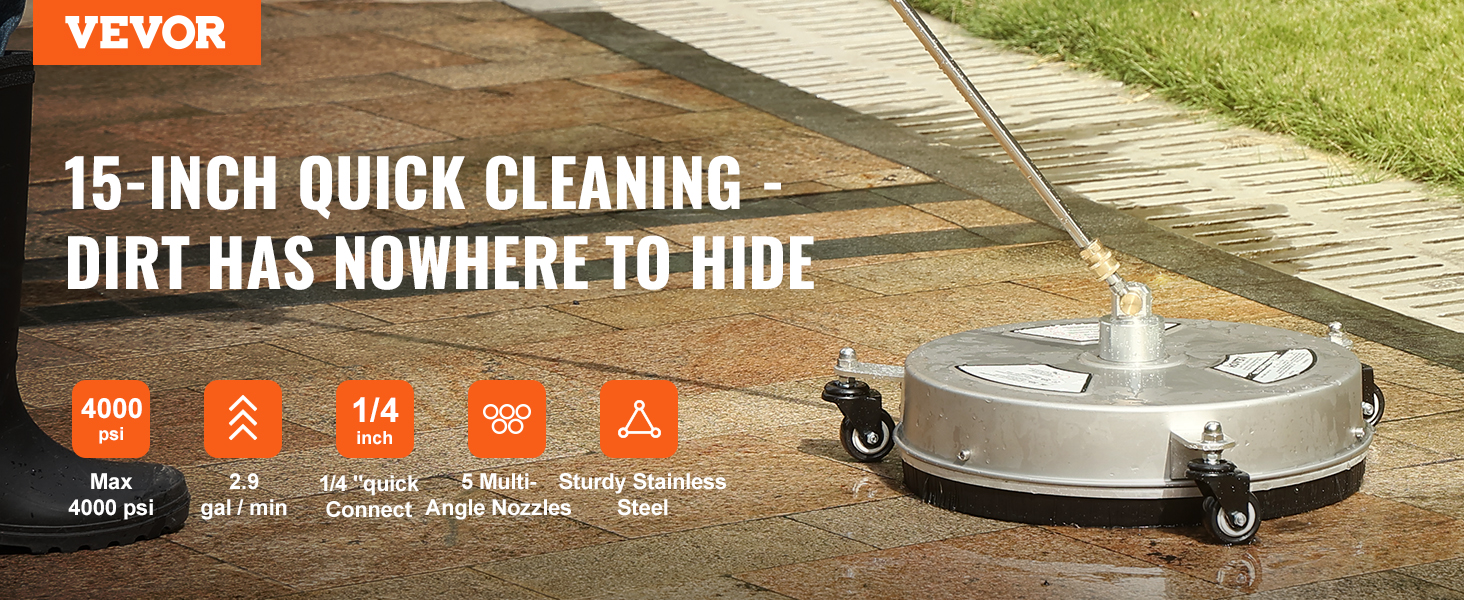 VEVOR pressure washer surface cleaner on wet patio, 15-inch, max 4000 psi, sturdy stainless steel.