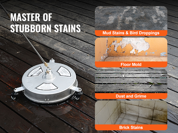 VEVOR pressure washer surface cleaner for stubborn stains: mud stains, bird droppings, floor mold, dust, and grime.