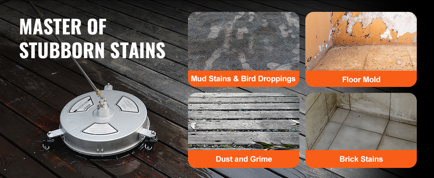 VEVOR pressure washer surface cleaner for stubborn stains: mud stains, bird droppings, floor mold, dust, and grime.