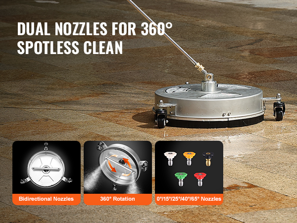 VEVOR pressure washer surface cleaner with dual bidirectional nozzles and 360° rotation for spotless clean.