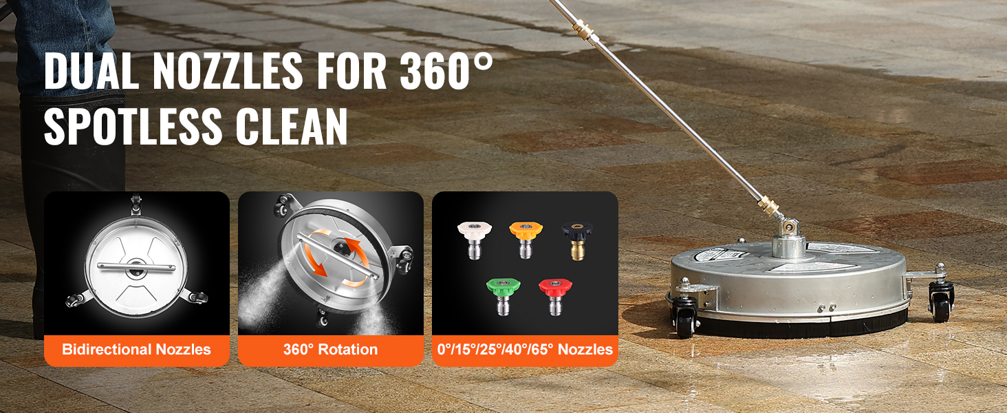 VEVOR pressure washer surface cleaner with dual bidirectional nozzles and 360° rotation for spotless clean.